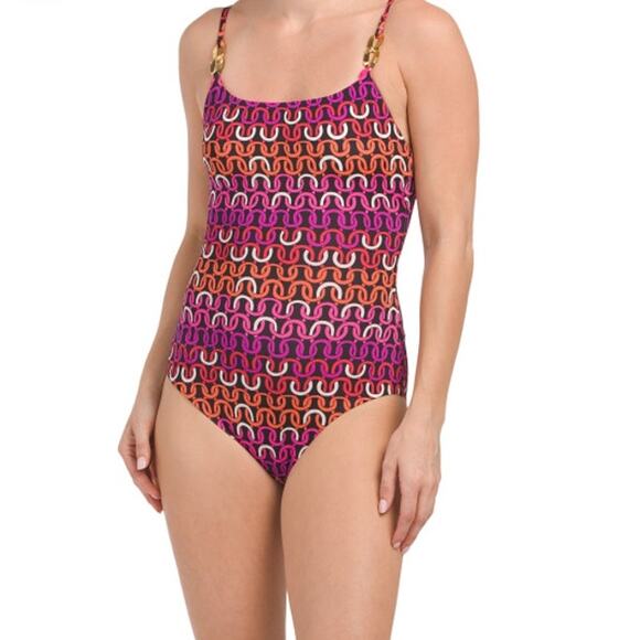 TRINA TURK Echo Chain Print Scoopneck One-piece Swimsuit Pink Orange Multi Geo 8 - Picture 1 of 3